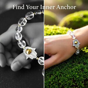 Clear Quartz Bracelet | Hamsa Charm | Handmade Winter Holiday Gift Jewelry 6.75"